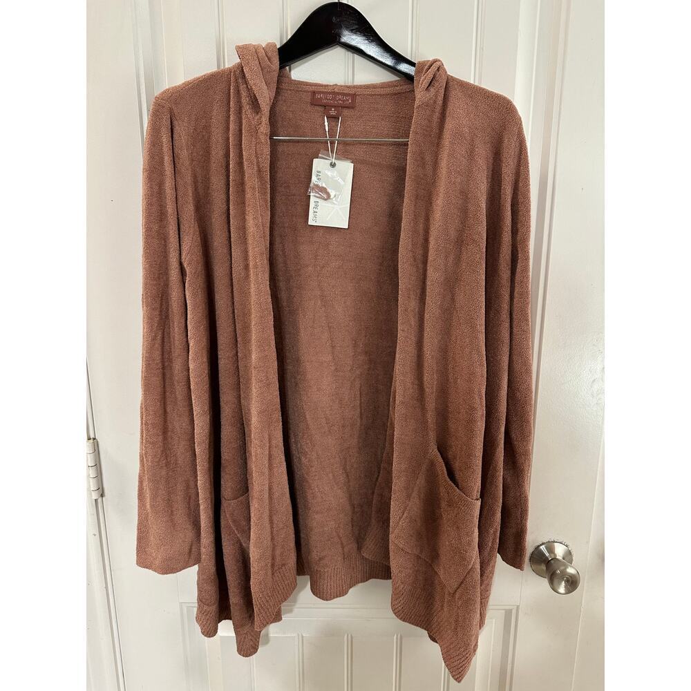 Barefoot Dreams Cozy Hooded Open-Front Cardigan in Dusty Rose Brown